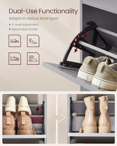 VASAGLE Shoe Cabinet with 3 Flip Drawers, Shoe Organizer, Adjustable and Removable Dividers, Holds 12-20 Pairs, Entryway, 9.4 x 23.6 x 47.7 Inches, Dove Gray ULBC036GD02S - color: Dove Gray, size: 9.5"D x 23.6"W x 47.7"H, style: shoe cabinet