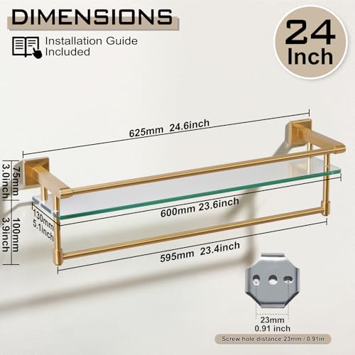 Bathroom Glass Shelf with Towel Bar/Rack 24 inches Wall-Mounted Shelves Tempered Glass Sink Toilet Organizer Shower Towel Decorative Storage (Polished Gold Finish) - color: Brushed Gold, size: 24-inch with Railing