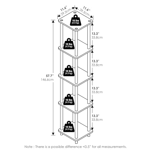 Furinno Turn-N-Tube Storage Shelves, 5-Tier Square Book Shelf, Corner Shelf, Toolless Open Shelves, Round Tubes, for Organization and Storage, Living Room, Garage, Home Office, White - color: White/White, size: 5-Tier Round Tube