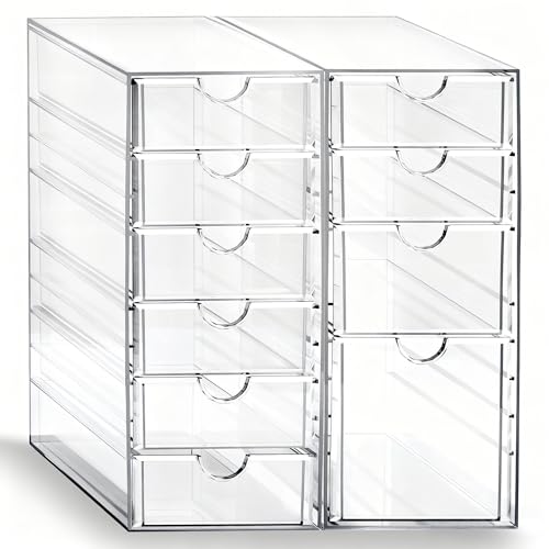 Prsildan Acrylic Drawer Makeup Organizer with 10 Drawers, Set of 2 Office Desk Organizers Accessories, Clear Stackable Storage Drawers for Vanity, Countertop, Craft, Jewelry, Art Supply Organization - style: 10 Drawers