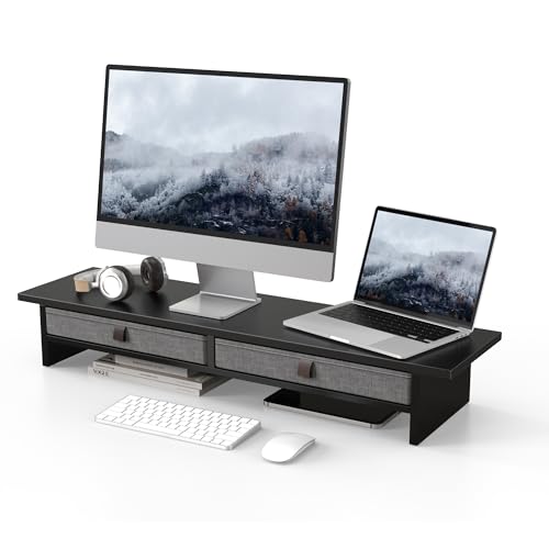 Fenge Monitor Stand with Drawer, 2 Tiers Dual Monitor Riser for Desk, 35 Inch Computer Stand for 2 Monitors, Desk Shelf for Home, Office, Laptop, PC, TV, Printer - color: Black