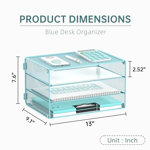 DALTACK 3 Tier Letter Tray Paper Organizer for Desk, Mesh Metal Desk File Organizer with Sliding Trays for Letter/A4 Paper, Mail, Bills & Folders, Blue - color: Blue