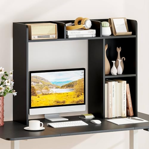 Tangkula Desktop Bookshelf, Countertop Storage Hutch with Shelves for Computer Desk, Desk 3-Tier Display Rack, Multipurpose Wood Desktop Hutch Storage Organizer for Dorm Office (Black,5 Shelves) - color: Black, size: 5 Shelves
