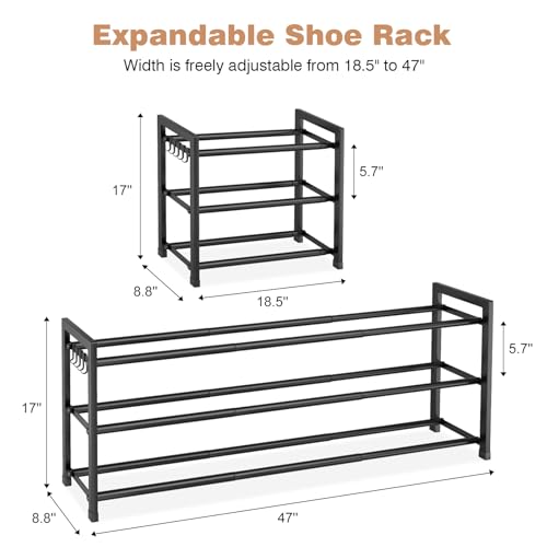 Expandable Shoe Rack - 18.5''- 47'' Adjustable Shoe Rack for Closet, 3 Tier Long Shoe Shelf Storage for 18 Pairs Shoe and Boot, Sturdy Metal Shoe Organizer for Entryway, Garage, Black