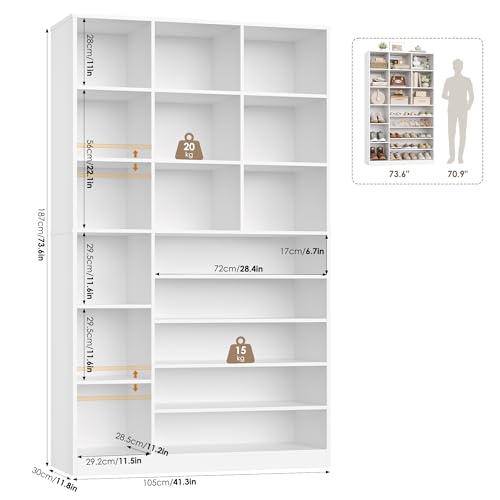 Keyluv 74" Tall Shoe Cabinet with Adjustable Shelves, 6-Tier Shoe Storage Organizer with 12 Cubes for up to 27 Pairs, Free-Standing Shoe Rack for Closet, Hallway, Entryway & Living Room, White - color: White