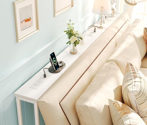 SUPERJARE 5.7 Inch Narrow Console Table with Outlet, Sofa Tables, Total Length 78.8'', Behind Couch Table, Long Entryway Tables with Charging Station, for Living Room, White - color: White, size: 5.7''D x 78.7''W x 29.7''H