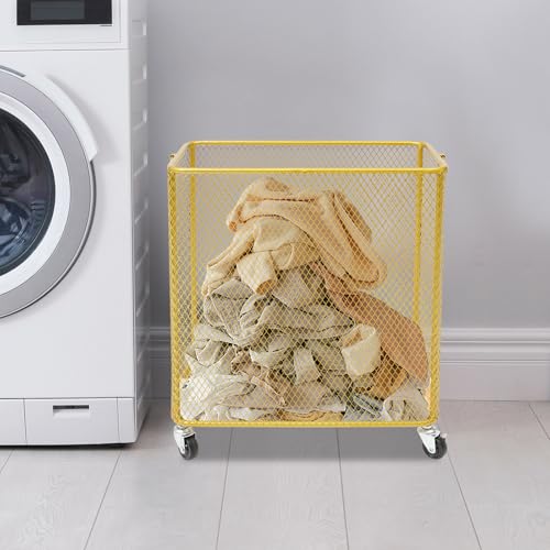 Gold Metal Laundry Basket with Wheels, Rolling Laundry Hamper Cart Gold Mesh Laundry Clothes Sorter Storage Cart Organizer Shelf Basket Durable for Laundry Room - color: Gold