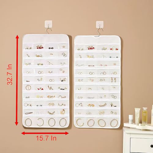 Wardrobe Jewelry Storage Bag, 15.7 Inch x 32.7 Inch 80 Pockets White Cloth Hanging Hangers Transparent Grids for Necklace Organizers (white)