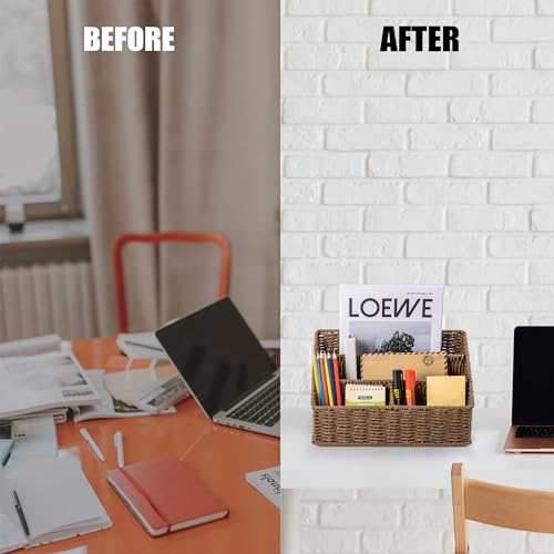 DINGTAI Woven Mail Organizer, Mail Organizer Countertop, Natural Tabletop Mail Holder, Rattan Desk Organizer, Boho Office Desk Accessories, Mail Basket for Bill Mail Papers Letters(Brown) - color: Brown