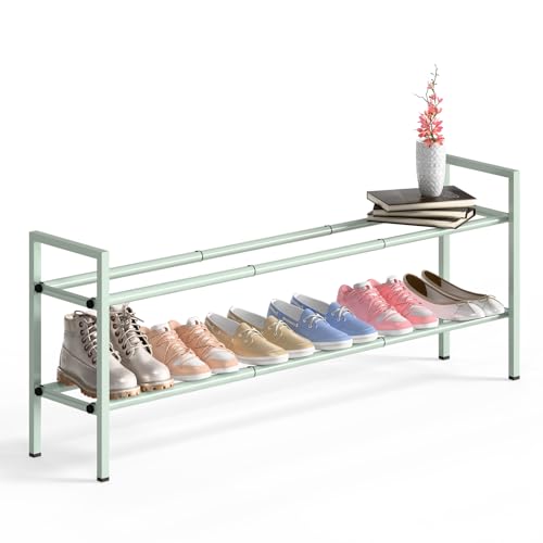 Bumusty 2-Tier Long Expandable Shoe Rack for Closet, 18"-44" Adjustable Shoe Rack for Entryway, 10-12 Pairs Large Shoe Organizer Shelf Storage, Sturdy Metal, Green - color: Green, size: 2-Tier
