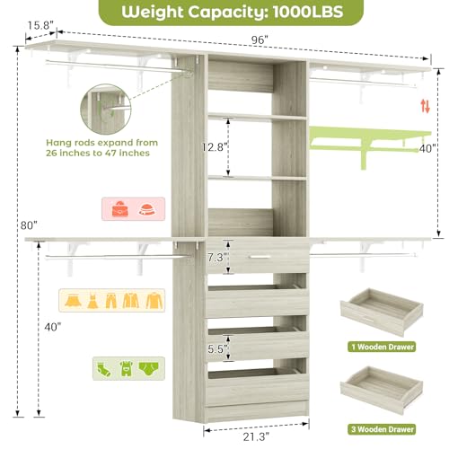 Aheaplus Closet System with Drawers, Wood Closet Organizer System with 4 Hanging Rods & Top Shelves, Walk-in Closets Organizer Wardrobe Clothes Rack, Cut Fits Spaces 4-9FT. Wide, White Oak - color: White Oak-1Set