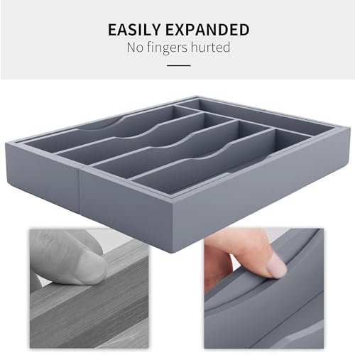 Expandable Bamboo Kitchen Drawer Organizer for Cutlery and Utensils, Adjustable Bamboo Wood Cutlery Tray in Drawer for Flatware and Silverware in Kitchen, (Grey) - color: Grey, size: 7 Slots Expandable