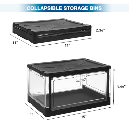 HYBRIDEAS 3-Pack Clear Stackable Storage Bins with Lids Magnetic Doors Open Front Foldable Folding Plastic Craft Containers Large Closet Organizers Box for Bedrooms Living Rooms Study 24 QT - color: Black