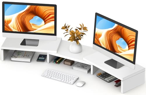 TAVR Furniture Dual Monitor Stand Riser, Computer Monitor Stands for 2 Monitors, Extra Long Multifunctional Desktop Organizer Riser for Computer, Laptop, PC, Printer, TV, Max 43.3" Length, White - color: White