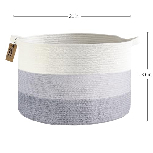 COMFY-HOMI XXXL Large Laundry Basket, Cotton Rope Nursery Woven Basket for Storage, Blanket Baskets Living Room Laundry Hamper, Dog Toy Storage Organizer, Home Decor-21''x21''x13.6''-White and Grey - color: white/grey