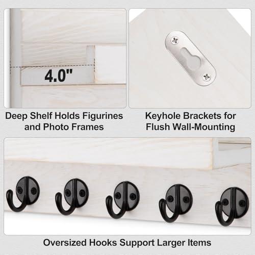 Lwenki Key Holder Wall Mount, Entryway Key and Mail Holder with 7 Sturdy Hooks for Sunglasses, Dog Leash, Decorative Wall Shelf with Mounting Hardware, 15”W x 6.7”H x 4.2”D - color: Vintage White