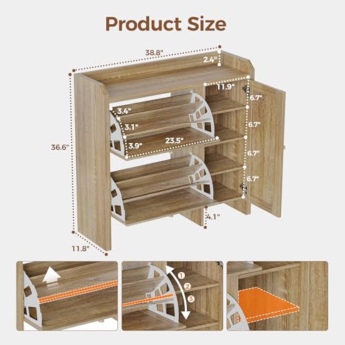 Mericonia Shoe Cabinet Storage for Entryway with 2 Flip Drawers(3-Tier), Rattan Freestanding with Door & 3 Adjustable Shelve,Hidden Shoe Rack Organizer for Hallway, Foyer - color: Natural, size: Flip Drawers 2 & Door 1