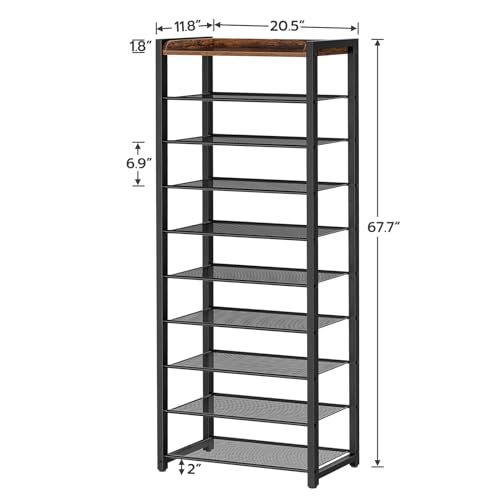 HOOBOR 10 Tier Shoe Rack, Large Capacity Shoe Storage for 18-20 Pairs, Sturdy Metal Shoe Shelf for Closet Entryway, Space Saving Shoe Organizer for Sneakers Heels, Rustic Brown BF40XJ01 - size: 20.5" L x 11.8" W x 67.7" H