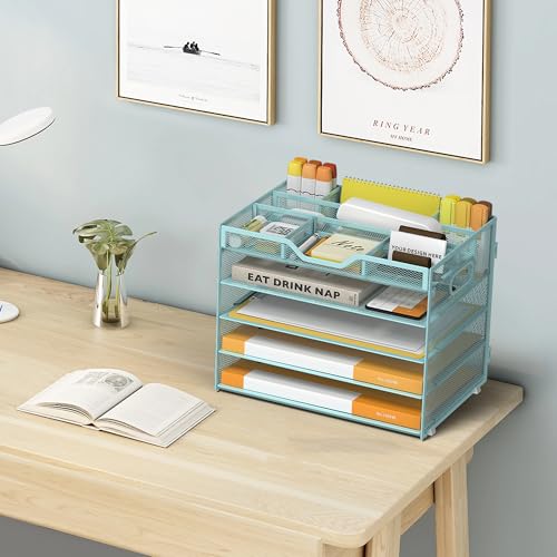 5 Tier Paper Letter Tray with 3 Drop-in Pen Holders, Mesh Desk File Organizer with Handle, Desk Organizers and Accessories for School,Home, Office Supplies Storage-Blue - color: 5 Tier-Blue, size: 12.5" x 9.1" x 10.3"