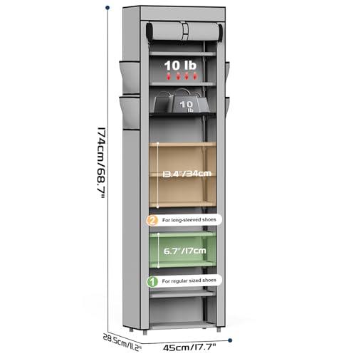 Mavivegue Shoe Rack with Cover, 10 Tier Tall Shoe Organizer for 18-22 Pairs of Shoes, Shoe Storage Organizer for Entryway, Closet, Garage, Grey, S - color: Grey