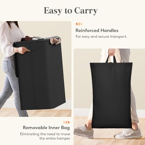 Lifewit 185L Large 3 Section Laundry Hamper with Lid, Plastic Laundry Basket with Bamboo Handles and Removable Bags, Tall Foldable Clothes Hamper for Bathroom Bedroom, Black - color: Black