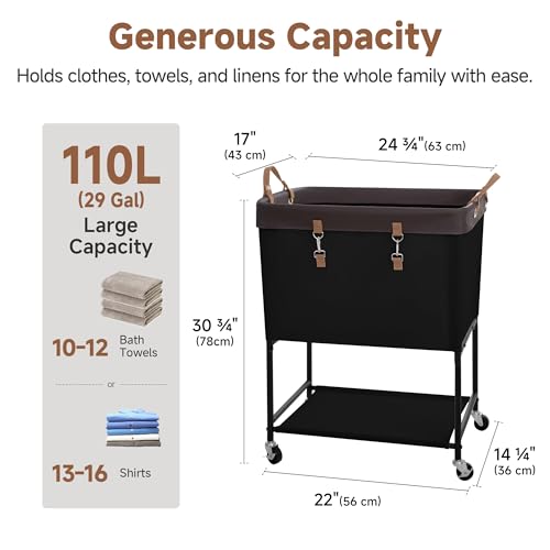 StorageWorks Laundry Cart, 2 Tier Rolling Laundry Basket, Heavy Duty Laundry Basket with Lockable Wheels, Laundry Room Organization and Storage, Clothes Hamper for Bedroom, Dorm, Closet, 29Gal, Black - color: Black, size: 29Gal (110L)