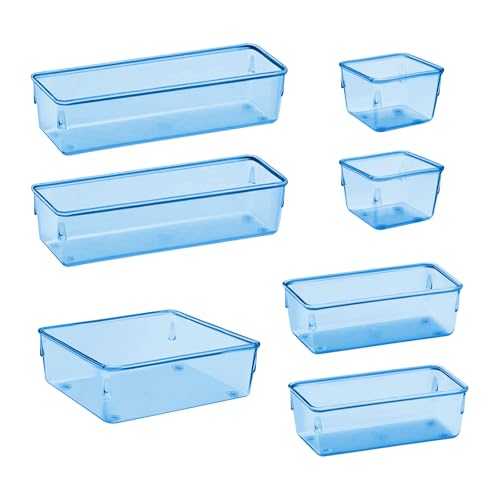 Acrimet Drawer Organizer Modular, Box Tray Storage Bins for Office, Home, Makeup, Kitchen, Junk Drawer (7 Units - 4 Sizes) (Clear Blue Plastic) - color: r.blue