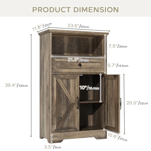 Floor Cabinet, Farmhouse Storage Cabinet with Barn Doors and Drawer, Freestanding Adjustable Shelf Organizer for Bathroom, Kitchen, Living Room Grey - color: Grey, size: 39.4"H x 23.6"W x 11.8"D