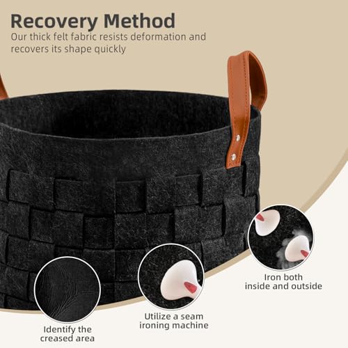 BOLDMONKEY Laundry Basket 15" x15 " x13 " 2 Pack, Round Blanket Basket with Leather Handle, Felt Storage Basket for Living Room, Nursery, Dog Toys-Dark Gray - color: Dark Gray