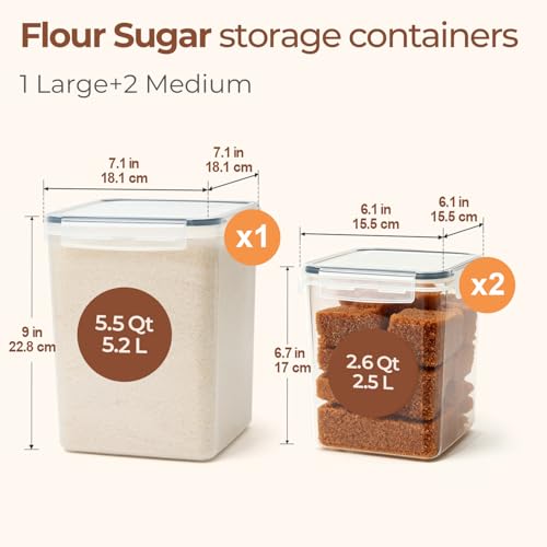 ComSaf Flour Sugar Storage Containers Set of 3 (5.2L/5.5Qt) (2.5L/2.6Qt*2), Large Airtight Food Storage Containers with Lids, Plastic Canisters Sets for Kitchen, Pantry Organizers for Rice and Baking - size: 5.5Qt/2.6Qt-Square