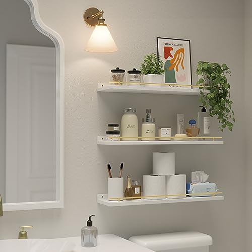 WOPITUES Floating Shelves 24 inch with Gold Metal Guardrail, Shelves for Wall Decor Set of 3, Wall Shelves for Bedroom, Bathroom, Kitchen, Living Room, Plants, Picture Frames, Art- White and Gold - color: White and Gold, size: 23.6 inch