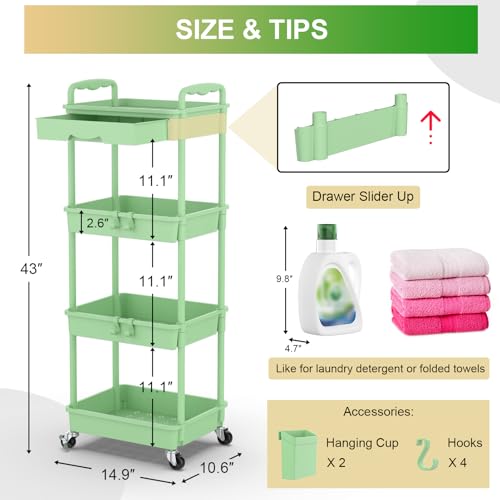 Goovilla 4 Tier Rolling Utility Cart Organizer with Removable Drawer, Stable and Sturdy Green Rolling Storage Carts with 2 Lockable Wheels for Bathroom, Kitchen, Snack, Craft, Makeup, Baby Essentials - size: 4 Tier, style: Green