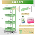 Goovilla 4 Tier Rolling Utility Cart Organizer with Removable Drawer, Stable and Sturdy Green Rolling Storage Carts with 2 Lockable Wheels for Bathroom, Kitchen, Snack, Craft, Makeup, Baby Essentials - size: 4 Tier, style: Green