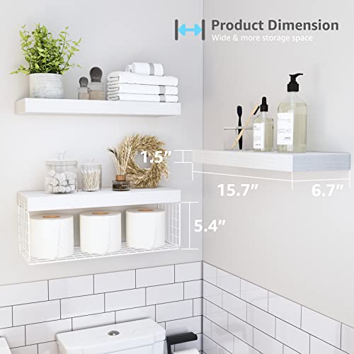 QEEIG Bathroom Shelves Over Toilet - Wall Mounted Floating Shelves Toilet Paper Storage Small Farmhouse Decor Shelf 16 inch Set of 3, White (019-W3) - color: B. White, size: 3pcs