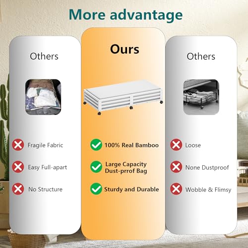 Wisuce Bamboo Under Bed Storage Containers- Underbed Organizer with Wheels with Dust Bag,Sturdy Wood Rolling Under the Bed Shoe Storage Organizer Drawers (White, 2 Pack (33.07"×16.54")) - color: White, size: 2 Pack (33.07"×16.54")