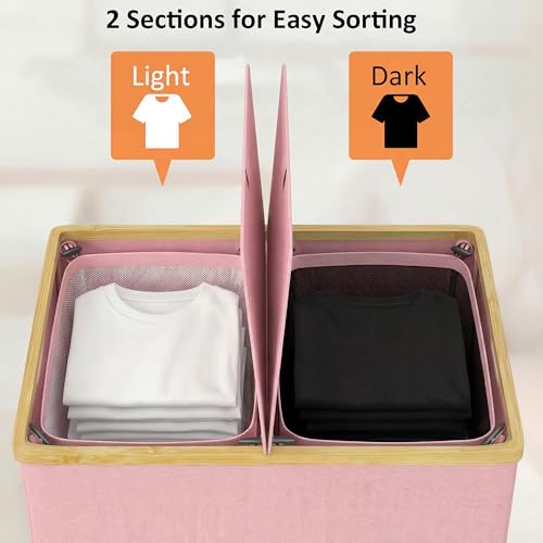 efluky Laundry Hamper with Lid, Double Laundry Hamper with 2 Removable Bags, 2 Section Laundry Basket with Bamboo Handles for Bathroom, Bedroom & Laundry Room (Pink, 140L Dual) - color: Pink, size: 140L Dual