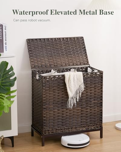 SETVSON Laundry Hamper with Lid 132 L, (35 Gallons) Clothes Hamper with Lid, Handwoven Rattan Laundry Hamper with Metal Heightened Feet, Laundry Hampers with 3 Removable Liner Bags for Laundry-Brown - color: Brown, size: 132 L - 35 gal
