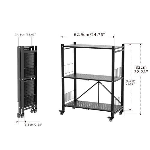 Folding Storage Shelves, 3-Tier Metal Foldable Shelf Shelving Rack Organizer On Rolling Wheels in Kitchen Warehouse Patio Pantry Basement Portable Collapsible Shelves No Assembly (Black, 3-Layer) - color: Black/3-tier