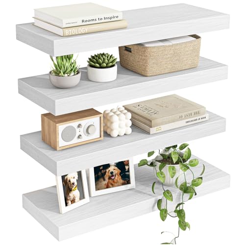 Fixwal White Shelves for Wall, 15.8in Rustic Wood Finish Floating Wall Shelves Set of 4, Shelves for Wall Decor, with Invisible Brackets for Bathroom, Living Room,Bedroom and Kitchen - color: White