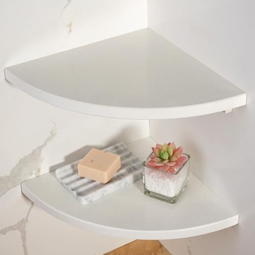 Koville 2 Pcs Wall Mounted White Marble Corner Shower Shelf for Bathroom, 10'' Polished Marble Corner Shelves for Bath, Stone Corner Shower Caddy - White Cliff (No Glue Included) - color: White Cliff, size: 2-Layer