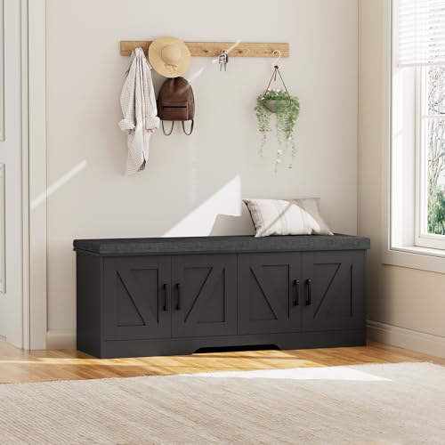 HOMSHO 2-Tier Storage Bench, 47.2" Wide Shoe Bench with Padded Seat Cushion, Entryway Bench with 4 Barn Doors and Adjustable Shelf, Black - color: Black, size: 47.2" Wide