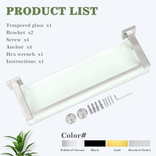 Alise Bathroom Glass Shelf with Stainless Steel Railing, Polished Chrome Small Tempered Glass Floating Wall Shelf Over The Toilet, 16 inch - color: Polished Chrome, size: 16 Inch
