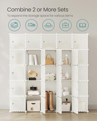 SONGMICS Cube Storage Organizer, Set of 12 Plastic Cubes, Closet Storage Shelves, DIY Plastic Closet Cabinet, Modular Bookcase, Shelving with Doors for Bedroom, Living Room, Cream White ULPC342W02 - color: White, size: 12 Cubes, style: with doors