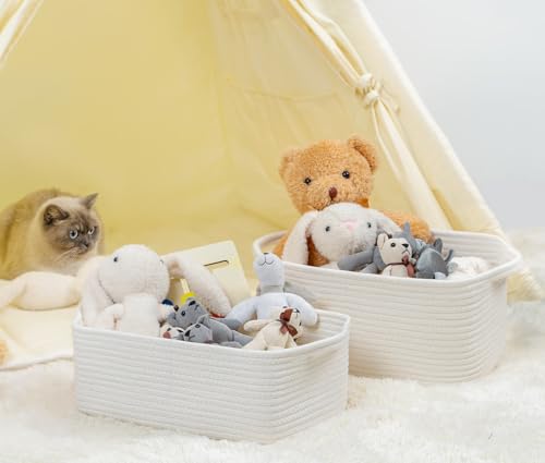 CubesLand Cute and Durable Small Cotton Rope Basket for Organizing, Woven Closet Storage Bin,Shelves Closet Storage Basket, Bathroom Storage Organizer Bin, Nursery Toy Basket Bin, White Basket - color: White, size: 14''x10''x5''