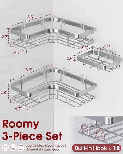 Sakugi Corner Shower Caddy - 3-Pack Shower Organizer with Soap Holder & Built-In Hooks, Rustproof Metal Shower Shelves, Laundry, Kitchen, Bathroom Organizers and Storage Solution, Large, Silver - color: Silver, size: Large - 3 Packs