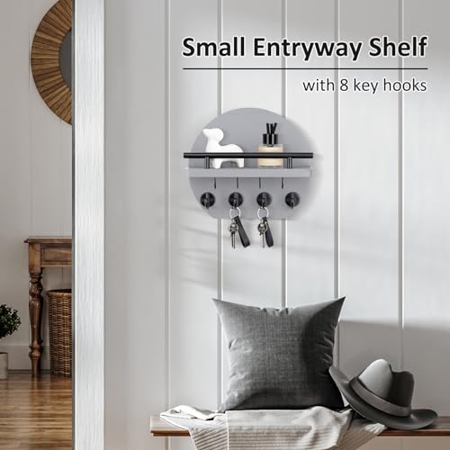 Nekon Key Holder for Wall - 9.8 Inch Apartment Wall Decor with Shelf and 8 Key Hooks, Circular Wood Key Hanger for Home Decor (Gray) - color: Gray