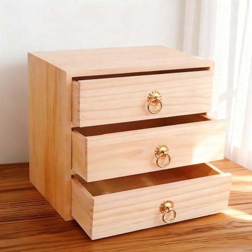 3 Layer Natural Wooden Storage Box with Drawers Desk Organizer Desk Accessories 3 Drawer Storage Organizer Wood Tabletop Organizer with Metal Handle for Home Office Counter Craft Decor - style: 3 Layer