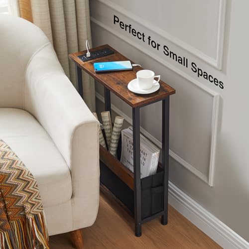 Slim Charging End Table with Storage - For Small Spaces and Bedroom - color: Rustic Brown