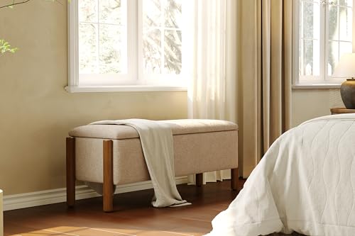 Modern Storage Benches with Walnut Wood Legs, 47'' Ottoman Bench with 20 Gallons Storage Space for Bedroom End of Bed, Fabric Upholstered Entryway Bench with Seating for Livingroom, Beige - color: Beige