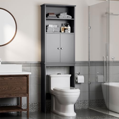 Shintenchi Over The Toilet Storage Cabinet, Bathroom Above The Toilet Rack, Bathroom Adjustable Shelf Organizer with Open Bottom Bar and Anti-Tip Device, Gray - color: Grey, size: 2 Open Shelves